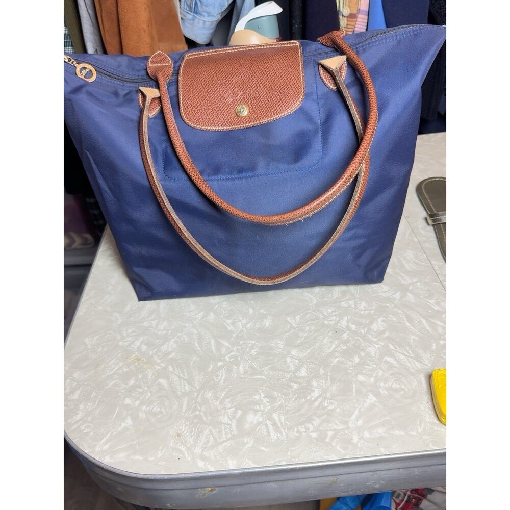 Longchamp Le Pliage Large Navy Tote Bag Brown Leather 18x14 - Picture 2 of 7